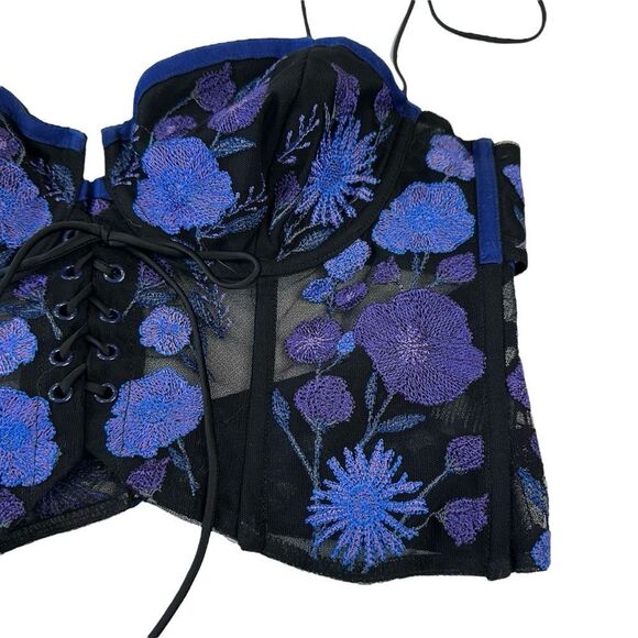 For Love And Lemons Kaylee Crop Top Black and Blue Floral Corset Bra, M - Picture 3 of 11